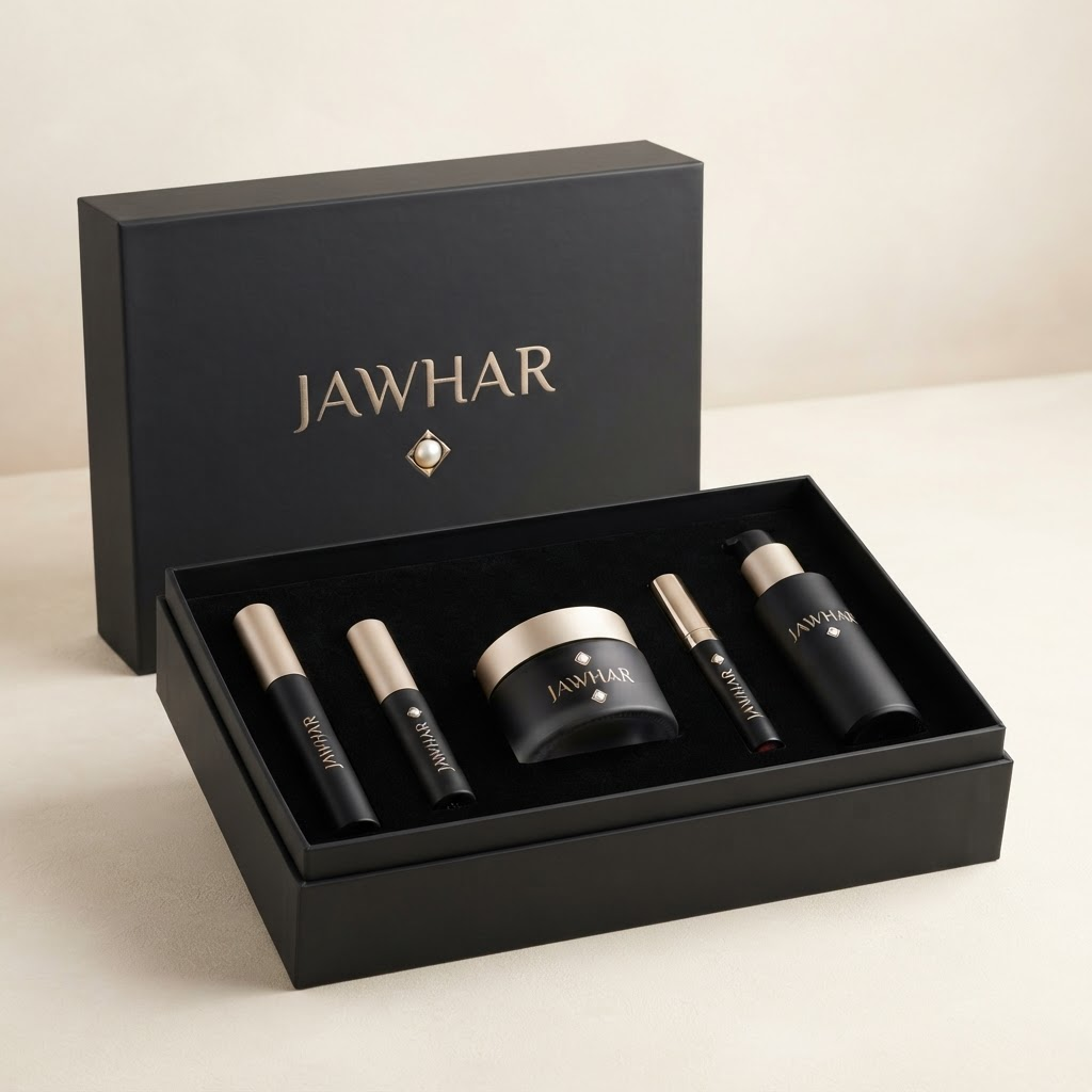 The JAWHAR Beauty Ritual gift box, open to reveal its five beauty essentials: mascara, brow gel, face cream, lip treatment and hair serum