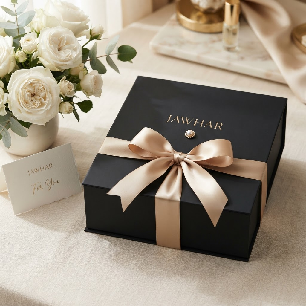 The JAWHAR Beauty Ritual gift box presented with a champagne gold ribbon