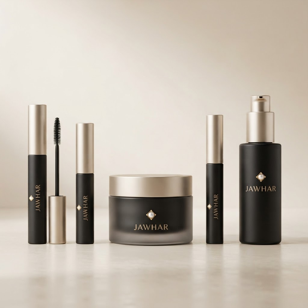 The five JAWHAR Beauty Ritual products lined up together: Mascara, Brow Gel, Face Cream, Lip Treatment and Hair Serum